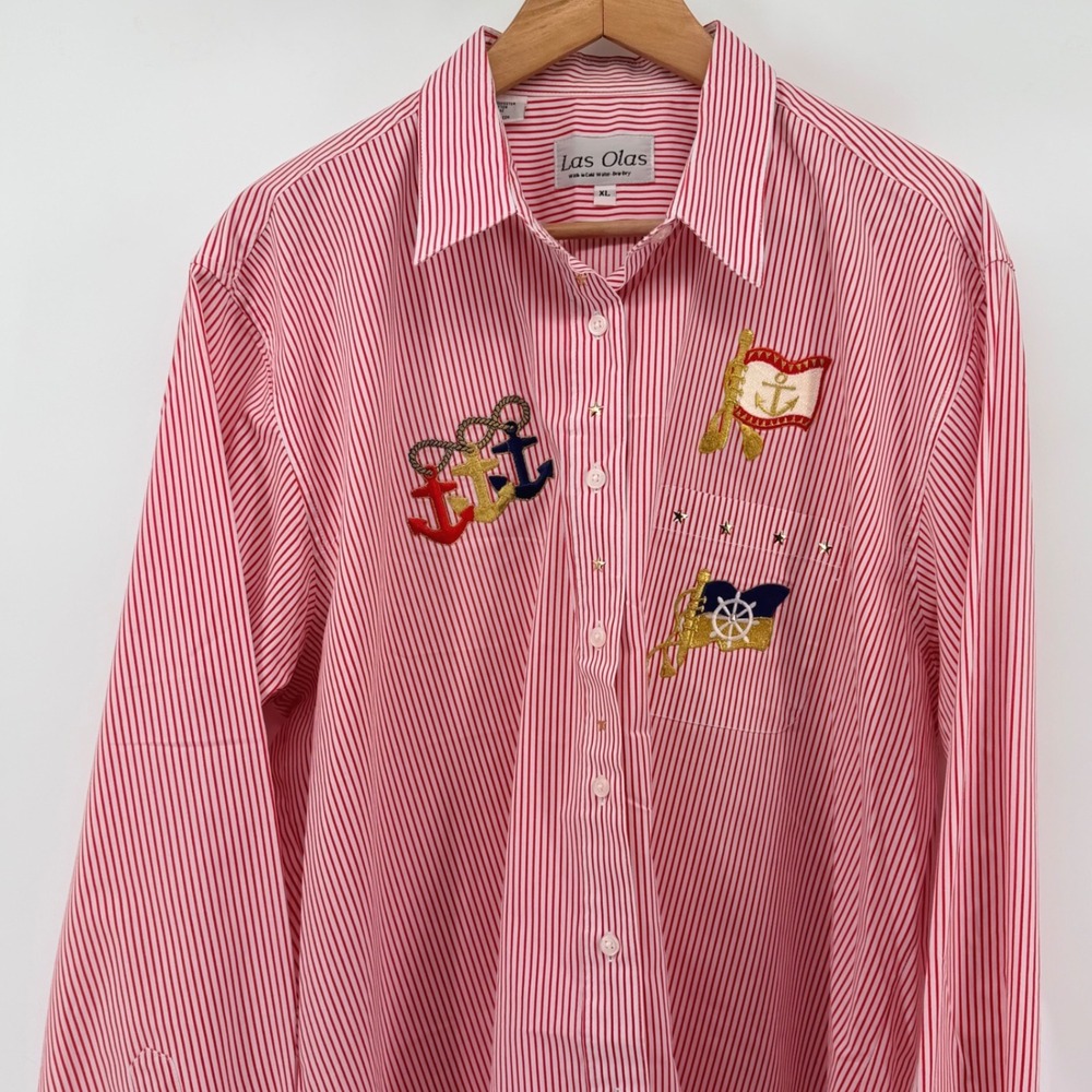 Las Olas Womens XL Vintage Red White Pinstripe Nautical Anchor Embroidered Shirt